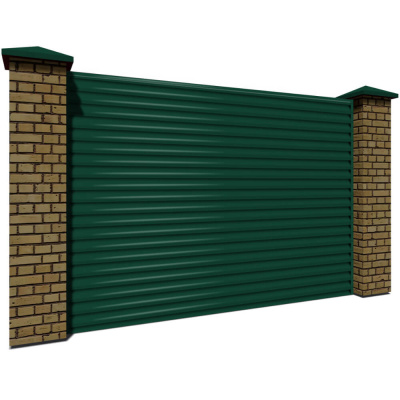 Секция забора жалюзи из ламелей еврожалюзи RAL6005 Зеленый Мох зеленая полиэфирная эмаль с кирпичными столбами